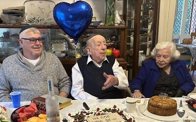 Berysz Aurbach, center, at his 104th birthday party in Melbourne, Australia. (Courtesy of Moshe Aurbach)