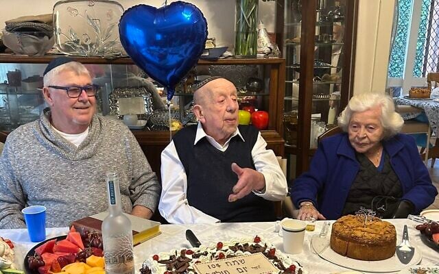 Berysz Aurbach, center, at his 104th birthday party in Melbourne, Australia. (Courtesy of Moshe Aurbach)