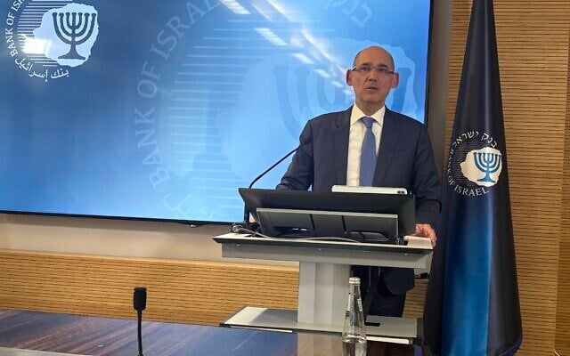 Bank of Israel Governor Amir Yaron speaks at a press conference in Jerusalem, April 7, 2025. (Sharon Wrobel/The Times of Israel) Bank of Israel Governor Amir Yaron speaks at a press conference in Jerusalem, April 7, 2025. (Sharon Wrobel/The Times of Israel)
