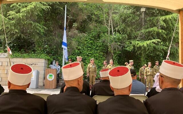 Druze leaders at the military cemetery in Hurfeish on  April 25, 2025. (Diana Bletter/Times of Israel)
