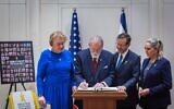US Ambassador Mike Huckabee (2l) presents his credentials to President Isaac Herzog in Jerusalem on April 21, 2025. (Amos Ben Gershom/GPO)