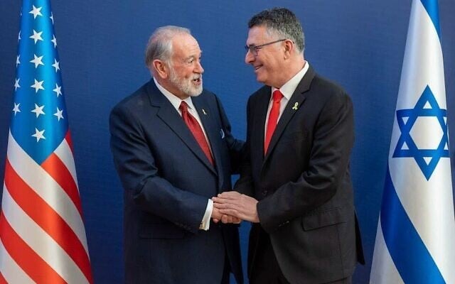 Foreign Minister Gideon Sa'ar meets US Ambassador to Israel Mike Huckabee at the Foreign Ministry in Jerusalem on April 21, 2025. (Mordechai Gordon/Foreign Ministry)