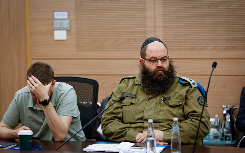 Lt. Col. Avigdor Dickstein, head of the Haredi branch of the IDF’s Personnel Directorate, attends a meeting of the Knesset Foreign Affairs and Defense Committee, April 2, 2025. (Noam Moskowitz, Office of the Knesset Spokesperson)