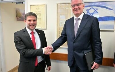 Finance Minister Bezalel Smotrich (left) meets with Secretary General Mathias Cormann in Jerusalem, April 2, 2025. (Shlomi Amsalem/GPO)