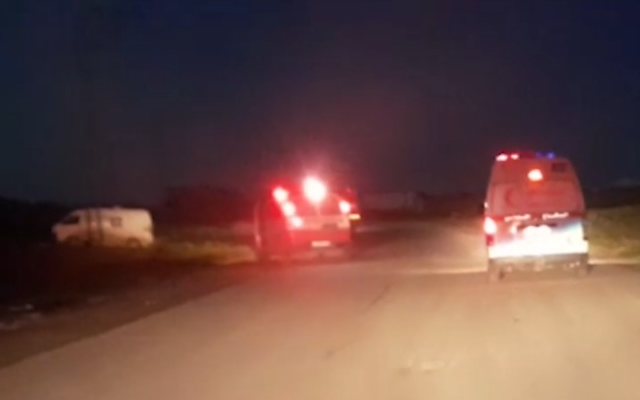 Emergency vehicles can be seen marked and with activated emergency lights in a video published by the Palestinian Red Crescent on April 5, 2025, and reportedly recorded by a Gazan medic minutes before he and 14 colleagues were allegedly killed by Israeli troops in southern Gaza on March 23, 2025. (Screen capture/Palestinian Red Crescent) Emergency vehicles can be seen marked and with activated emergency lights in a video published by the Palestinian Red Crescent on April 5, 2025, and reportedly recorded by a Gazan medic minutes before he and 14 colleagues were allegedly killed by Israeli troops in southern Gaza on March 23, 2025. (Screen capture/Palestinian Red Crescent)