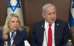 Sara Netanyahu, left, and her husband Prime Minister Benjamin Netanyahu speak to slated Independence Day torch-bearers at the Prime Minister's Office in Jerusalem, April 28, 2025. (Screen capture: Government Press Office)