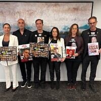 (L-R) Yael Alexander, Adi Alexander, Ruby Chen, Hagit Chen, Orna Neutra and Ronen Neutra at a press conference for the families of American-Israeli hostages in Washington on April 30, 2025. (Courtesy)