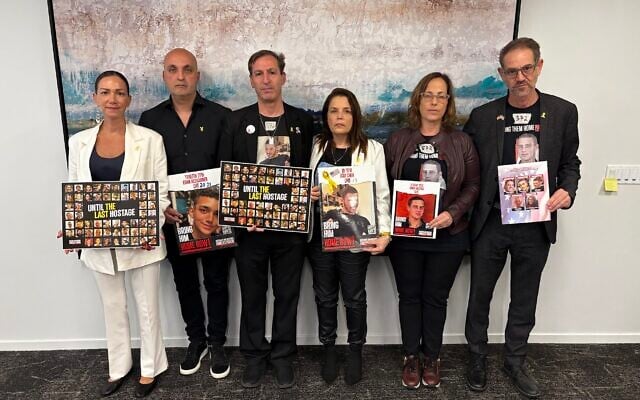 (L-R) Yael Alexander, Adi Alexander, Ruby Chen, Hagit Chen, Orna Neutra and Ronen Neutra at a press conference for the families of American-Israeli hostages in Washington on April 30, 2025. (Courtesy)
