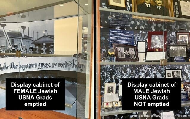 An image showing the display case in the US Naval Academy’s Jewish chapel before and after a visit by US Defense Secretary Pete Hegseth, April 2025, with and without memorabilia from female Jewish graduates. (Military Religious Freedom Foundation) An image showing the display case in the US Naval Academy’s Jewish chapel before and after a visit by US Defense Secretary Pete Hegseth, April 2025, with and without memorabilia from female Jewish graduates. (Military Religious Freedom Foundation)