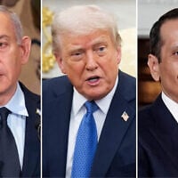 Left to right: Prime Minister Benjamin Netanyahu attends a Holocaust Remembrance Day ceremony at the Knesset in Jerusalem on April 24, 2025. (Arie Leib Abrams/Flash90); US President Donald Trump in the Oval Office of the White House in Washington, DC, on April 24, 2025. (Saul Loeb/AFP); Qatari Prime Minister Mohammed bin Abdulrahman Al Thani at the State Department in Washington, April 22, 2025. (Oliver Contreras/AFP)