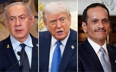 Left to right: Prime Minister Benjamin Netanyahu attends a Holocaust Remembrance Day ceremony at the Knesset in Jerusalem on April 24, 2025. (Arie Leib Abrams/Flash90); US President Donald Trump in the Oval Office of the White House in Washington, DC, on April 24, 2025. (Saul Loeb/AFP); Qatari Prime Minister Mohammed bin Abdulrahman Al Thani at the State Department in Washington, April 22, 2025. (Oliver Contreras/AFP)