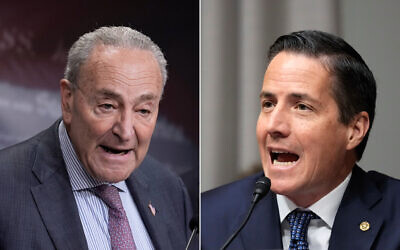 L: US Senate Minority Leader Chuck Schumer in Washington, April 2, 2025. (AP Photo/J. Scott Applewhite); R: US Sen. Bernie Moreno in Washington, January 17, 2025. (AP Photo/Ben Curtis)