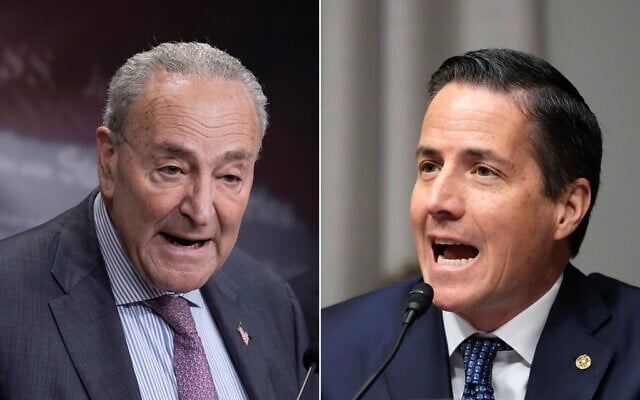 L: US Senate Minority Leader Chuck Schumer in Washington, April 2, 2025. (AP Photo/J. Scott Applewhite); R: US Sen. Bernie Moreno in Washington, January 17, 2025. (AP Photo/Ben Curtis) L: US Senate Minority Leader Chuck Schumer in Washington, April 2, 2025. (AP Photo/J. Scott Applewhite); R: US Sen. Bernie Moreno in Washington, January 17, 2025. (AP Photo/Ben Curtis)