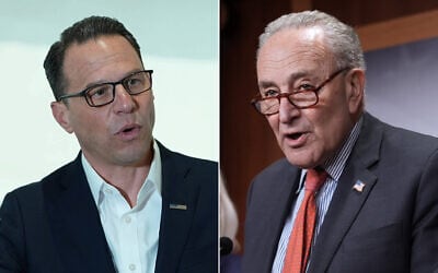 L: Pennsylvania Gov. Josh Shapiro in Hershey, Pa. on April 16, 2025. (AP Photo/Matt Rourke); R: US Senate Minority Leader Chuck Schumer at the Capitol in Washington on April 9, 2025. (AP Photo/J. Scott Applewhite)