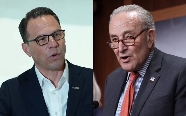 L: Pennsylvania Gov. Josh Shapiro in Hershey, Pa. on April 16, 2025. (AP Photo/Matt Rourke); R: US Senate Minority Leader Chuck Schumer at the Capitol in Washington on April 9, 2025. (AP Photo/J. Scott Applewhite)