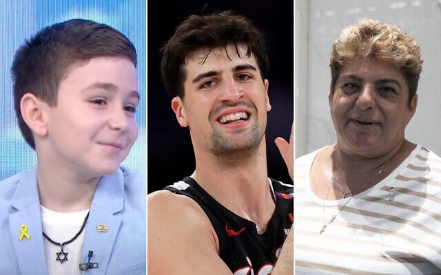 L to R: Israel advocate Ben Cassato is interviewed on Channel 13 on April 11, 2024. (Screenshot via YouTube); Israeli-American NBA player Deni Avdija plays against the New York Knicks on March 30, 2025, in New York. (AP Photo/Adam Hunger); Rachel Edry from Ofakim is seen outside a meeting with Prime Minister Benjamin Netanyahu and US President Joe Biden in Tel Aviv on October 18, 2023 (Miriam Alster/Flash90)