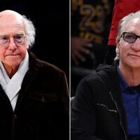 L: Larry David leaves an NBA basketball game on February 8, 2025, in New York. (AP Photo/Noah K. Murray) R: Bill Maher watches a basketball game on April 3, 2025, in Los Angeles. (AP Photo/Mark J. Terrill)