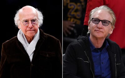 L: Larry David leaves an NBA basketball game on February 8, 2025, in New York. (AP Photo/Noah K. Murray) R: Bill Maher watches a basketball game on April 3, 2025, in Los Angeles. (AP Photo/Mark J. Terrill)