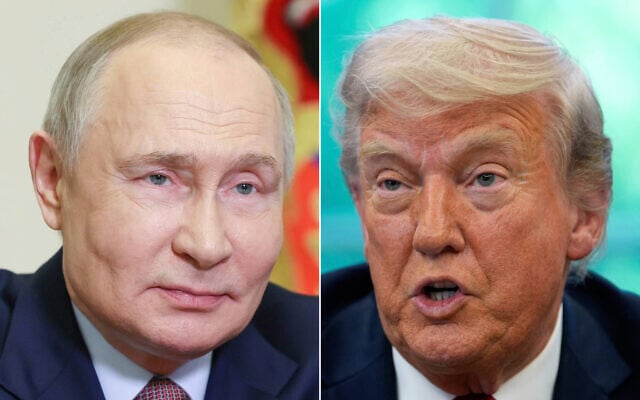 L: Russian President Vladimir Putin at Novo-Ogaryovo state residence outside of Moscow, Russia on April 24, 2025. (Vyacheslav Prokofyev, Sputnik, Kremlin Pool Photo via AP); R: US President Donald Trump in the Oval Office of the White House on April 23, 2025, in Washington. (AP Photo/Alex Brandon)