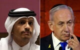 L: Qatar's Prime Minister and Foreign Minister Sheikh Mohammed bin Abdulrahman Al-Thani in Doha on April 27, 2025. (Karim JAAFAR / AFP); R: Prime Minister Benjamin Netanyahu in Jerusalem on April 23, 2025. (Menahem KAHANA / AFP)
