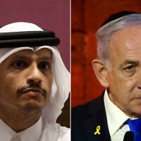 L: Qatar's Prime Minister and Foreign Minister Sheikh Mohammed bin Abdulrahman Al-Thani in Doha on April 27, 2025. (Karim JAAFAR / AFP); R: Prime Minister Benjamin Netanyahu in Jerusalem on April 23, 2025. (Menahem KAHANA / AFP)