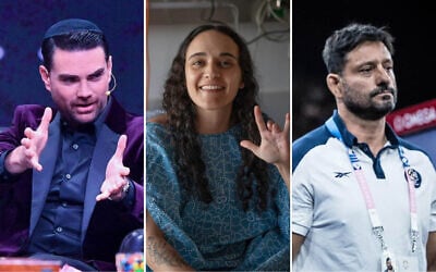 Left to right: Ben Shapiro speaks on stage during The Daily Wire Presents Backstage Live at Ryman Auditorium on August 14, 2024 in Nashville, Tennessee. (Jason Davis / Getty Images via AFP); Freed hostage Emily Damari being prepped for surgery at Sheba Medical Center on March 2, 2025.(Credit Pomi Ofi Tal); Oren Smadga at the 2024 Paris Olympics on July 30, 2024. (Olympic Committee of Israel)