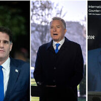 (R-L) Strategic Affairs Minister Ron Dermer, on December 29, 2022. (Yonatan Sindel/Flash90); Mossad chief David Barnea on September 10, 2023. (Avshalom Sassoni/Flash90); US special envoy to the Middle East Steve Witkoff, on March 19, 2025. (AP Photo/Mark Schiefelbein)