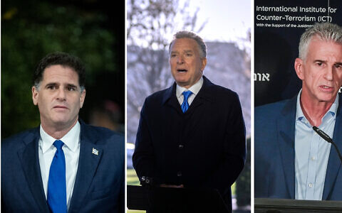 (R-L) Strategic Affairs Minister Ron Dermer, on December 29, 2022. (Yonatan Sindel/Flash90); Mossad chief David Barnea on September 10, 2023. (Avshalom Sassoni/Flash90); US special envoy to the Middle East Steve Witkoff, on March 19, 2025. (AP Photo/Mark Schiefelbein)