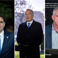 (R-L) Strategic Affairs Minister Ron Dermer, on December 29, 2022. (Yonatan Sindel/Flash90); Mossad chief David Barnea on September 10, 2023. (Avshalom Sassoni/Flash90); US special envoy to the Middle East Steve Witkoff, on March 19, 2025. (AP Photo/Mark Schiefelbein)