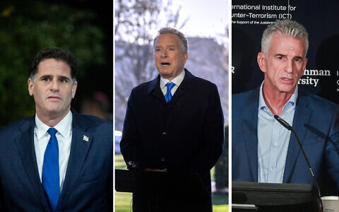 (R-L) Strategic Affairs Minister Ron Dermer, on December 29, 2022. (Yonatan Sindel/Flash90); Mossad chief David Barnea on September 10, 2023. (Avshalom Sassoni/Flash90); US special envoy to the Middle East Steve Witkoff, on March 19, 2025. (AP Photo/Mark Schiefelbein)
