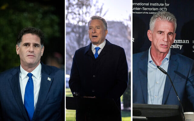(R-L) Strategic Affairs Minister Ron Dermer, on December 29, 2022. (Yonatan Sindel/Flash90); Mossad chief David Barnea on September 10, 2023. (Avshalom Sassoni/Flash90); US special envoy to the Middle East Steve Witkoff, on March 19, 2025. (AP Photo/Mark Schiefelbein)