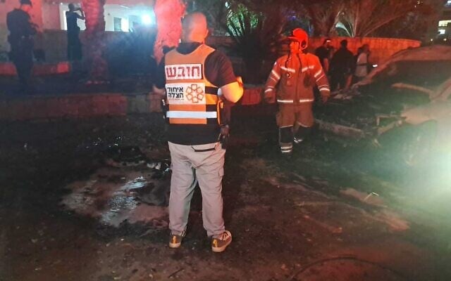 The site of a rocket impact in the southern city of Ashkelon, April 6, 2025. (United Hatzalah)