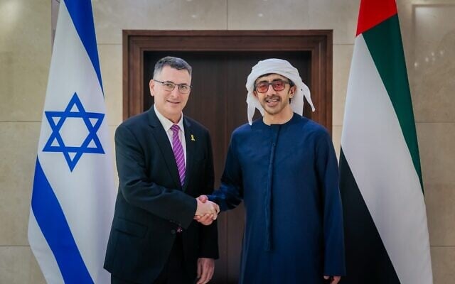 Foreign Minister Gideon Sa'ar (left) meets in Abu Dhabi with his Emirati counterpart Abdullah bin Zayed Al Nahyan on April 6, 2025. (Foreign Ministry) Foreign Minister Gideon Sa'ar (left) meets in Abu Dhabi with his Emirati counterpart Abdullah bin Zayed Al Nahyan on April 6, 2025. (Foreign Ministry)