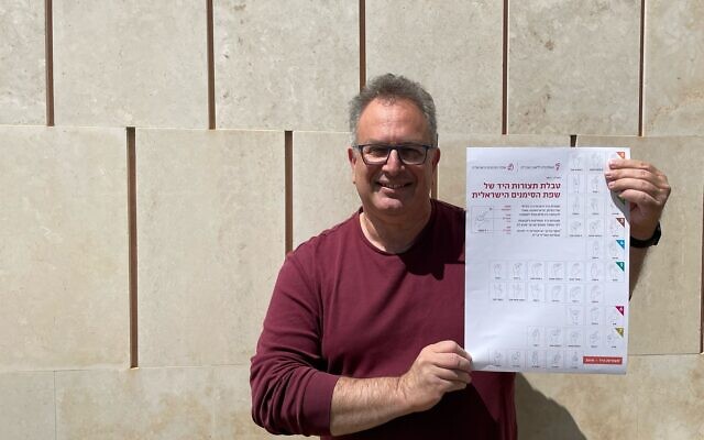 Doron Levy, head of the Department for Israeli Sign Language at the Academy of the Hebrew Language, holding a poster explaining the basic signs of Israeli Sign Language on March 24, 2025. (Rossella Tercatin/Times of Israel)