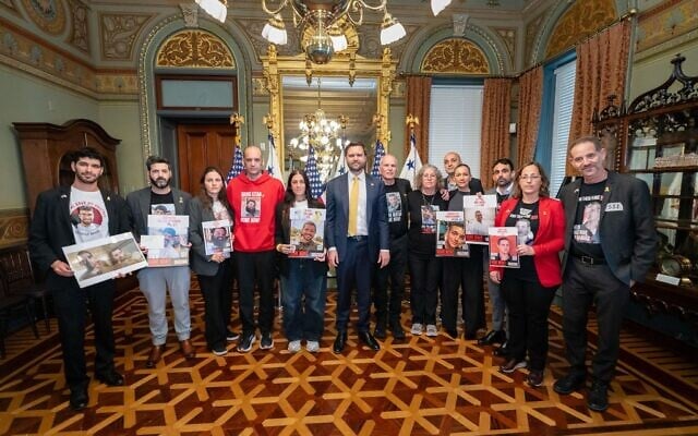US Vice President JD Vance, center, meets with Israeli former Hamas hostages and relatives of captives, at the White House, April 9, 2025. (White House)