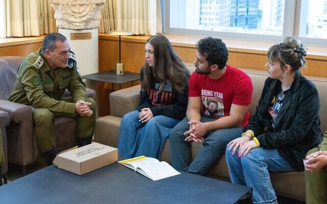 IDF Chief of Staff Lt. Gen. Eyal Zamir meets with (L-R) former hostage soldier Naama Levy, her brother Amit, and May Mayer, the cousin of hostages Gali and Ziv Berman, at the IDF headquarters in Tel Aviv, April 11, 2025. (Israel Defense Forces) IDF Chief of Staff Lt. Gen. Eyal Zamir meets with (L-R) former hostage soldier Naama Levy, her brother Amit, and May Mayer, the cousin of hostages Gali and Ziv Berman, at the IDF headquarters in Tel Aviv, April 11, 2025. (Israel Defense Forces)