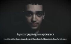 Hostage soldier Edan Alexander is seen in a propaganda video released by the Hamas terror group on April 12, 2025. (Courtesy)