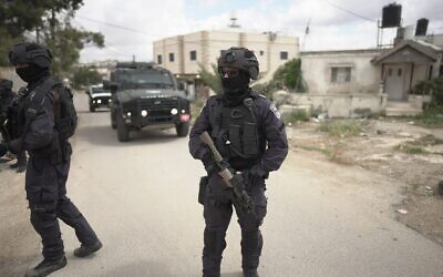 Police officers operate in the West Bank town of ad-Dhahiriya, April 14, 2025. (Israel Police)