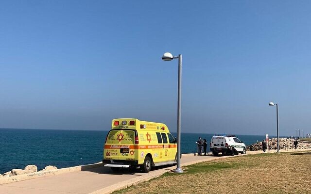 Emergency vehicles near the Jaffa Port on April 19. 2025 (Magen David Adom)