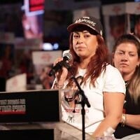 Released hostage Ilana Gritzewsky speaks at Hostages Square in Tel Aviv, April 19, 2025. (Alon Gilboa/Hostages and Missing Families Forum)