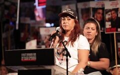 Released hostage Ilana Gritzewsky speaks at Hostages Square in Tel Aviv, April 19, 2025. (Alon Gilboa/Hostages and Missing Families Forum)