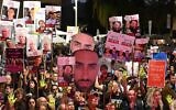 Protesters demand the release of hostages held in the Gaza Strip, at a rally at Hostages Square, Tel Aviv, April 19, 2025. (Lior Rotstein/Hostages and Missing Families Forum)