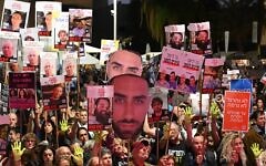 Protesters demand the release of hostages held in the Gaza Strip, at a rally at Hostages Square, Tel Aviv, April 19, 2025. (Lior Rotstein/Hostages and Missing Families Forum)
