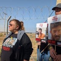 Sylvia Cunio, mother of hostages David and Ariel Cunio, at the Gaza border near Kibbutz Nir Oz on April 20, 2025, calling for her sons and the other hostages to be freed in one phase. (Credit Tanya Zion-Waldoks/Israeli Pro-Democracy Protest Movement)