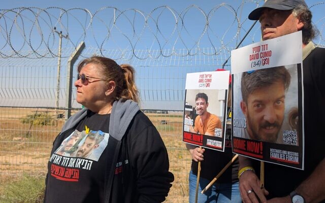 Sylvia Cunio, mother of hostages David and Ariel Cunio, at the Gaza border near Kibbutz Nir Oz on April 20, 2025, calling for her sons and the other hostages to be freed in one phase. (Credit Tanya Zion-Waldoks/Israeli Pro-Democracy Protest Movement)