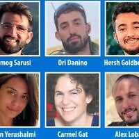 A poster for an evening of song and unity in Jerusalem, planned for April 27, 2025, by the families of the 'Beautiful 6,' referring to six Hamas hostages killed in a Gaza tunnel in August 2024: Hersh Goldberg-Polin, Carmel Gat, Eden Yerushalmi, Almog Sarusi, Or Danino and Alex Lubanov. (Courtesy)