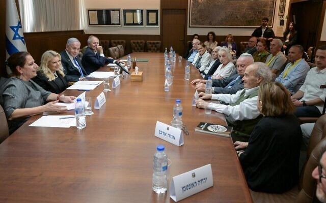 Prime Minister Benjamin Netanyahu and his wife Sara Netanyahu meet with Holocaust survivors ahead of Holocaust Remembrance Day in Israel, April 22, 2025. (Maayan Toaf/GPO) Prime Minister Benjamin Netanyahu and his wife Sara Netanyahu meet with Holocaust survivors ahead of Holocaust Remembrance Day in Israel, April 22, 2025. (Maayan Toaf/GPO)