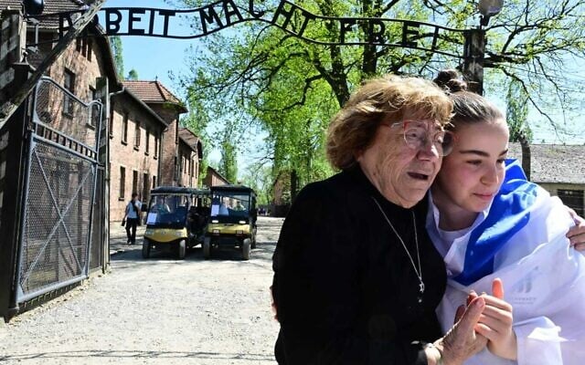 Holocaust survivor Irene Shashar, left, and released Gaza hostage Agam Berger at Auschwitz on April 23, 2025, a day before March of the Living. (Yossi Zeliger/March of the Living)