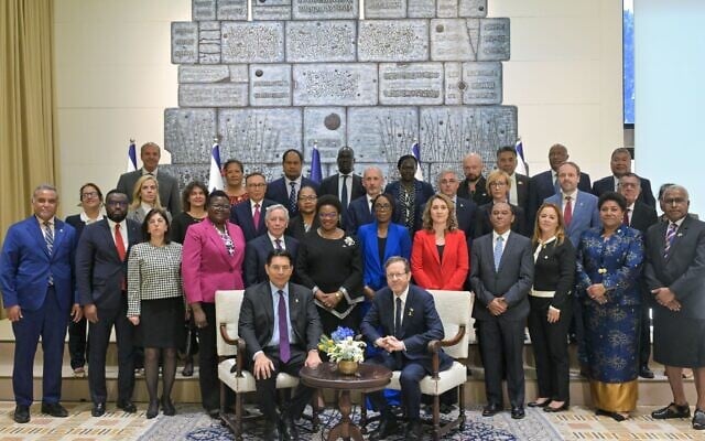 President Isaac Herzog meets in Jerusalem with a group of visiting UN envoys, April 28, 2025. (Kobi Gideon / GPO) President Isaac Herzog meets in Jerusalem with a group of visiting UN envoys, April 28, 2025. (Kobi Gideon / GPO)