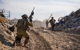 IDF troops operate in the Gaza Strip, in a handout photo published on April 18, 2025. (Israel Defense Forces)